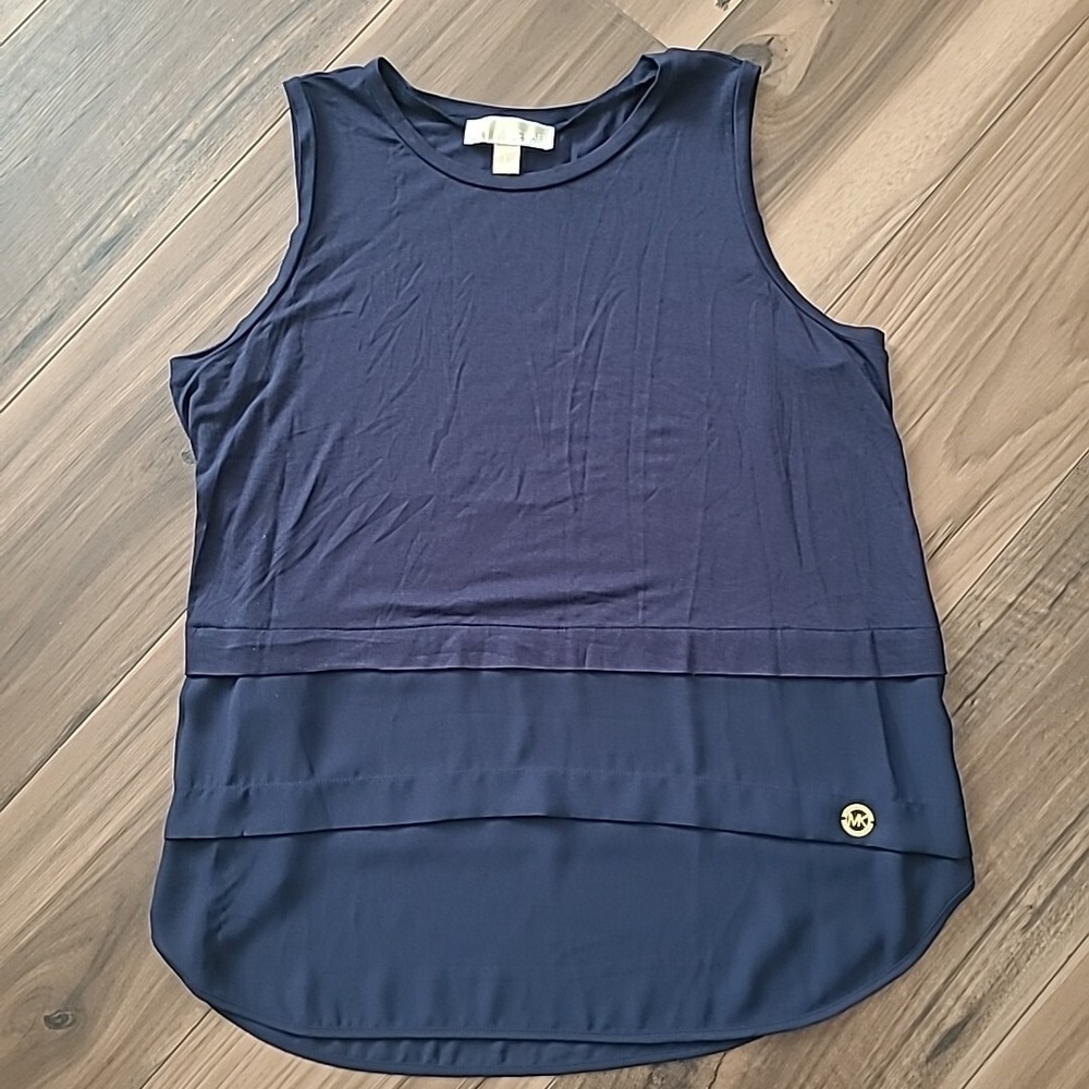Michael Kors Navy Blue Layered Chiffon Sleeveless Top Womens Size L